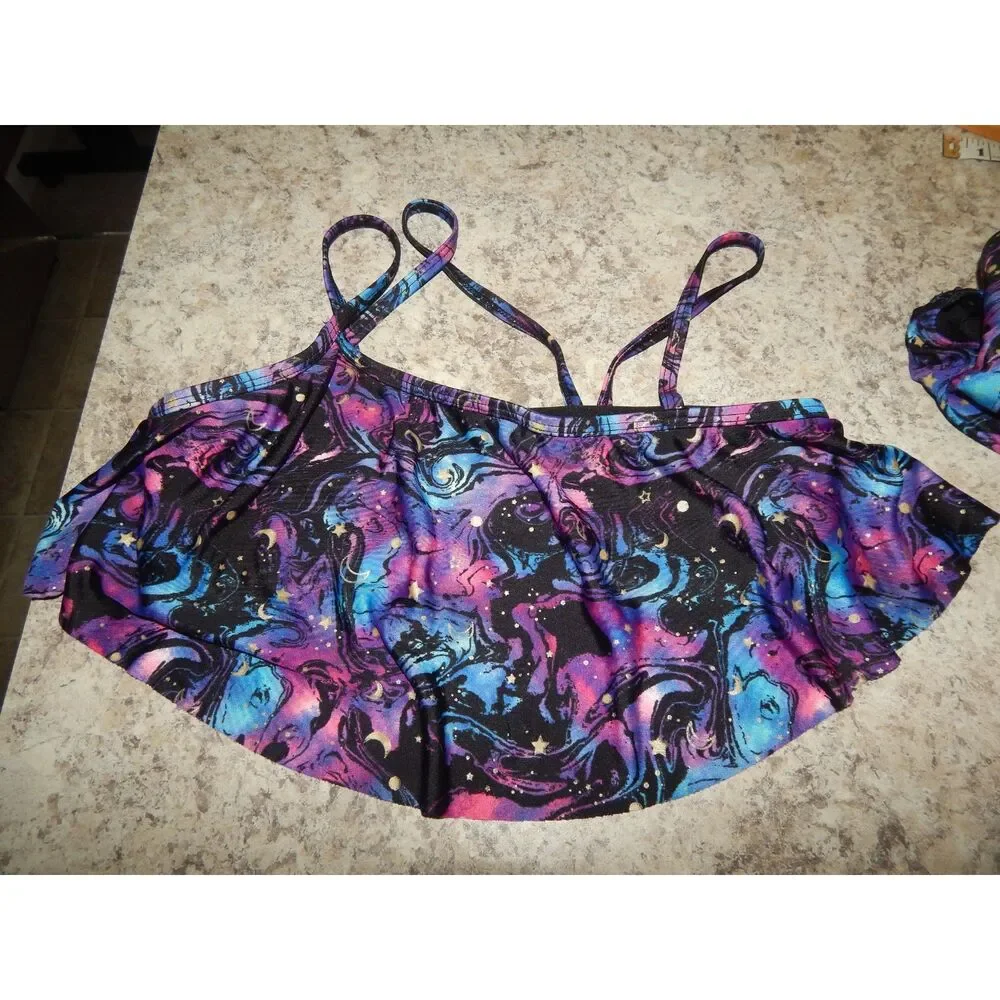 More Than Magic girls large 10/12 black purple cosmic star galaxy 2pc bikini